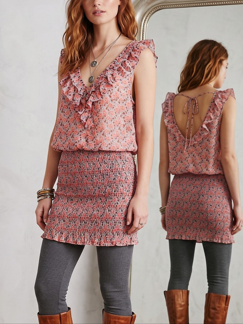 Free People Pink Floral Ruffle V-Neck Smocked Mini Dress M